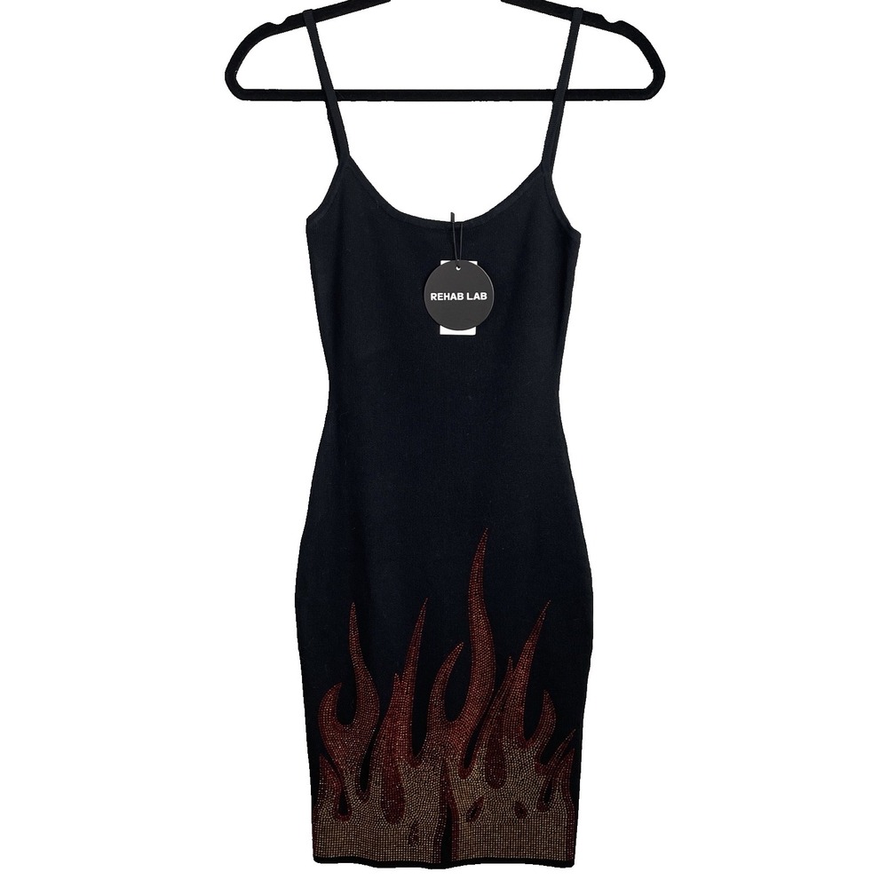 Rehab Lab Dress Small Black Crystal Rhinestone Flame Fire Embellishment Festival